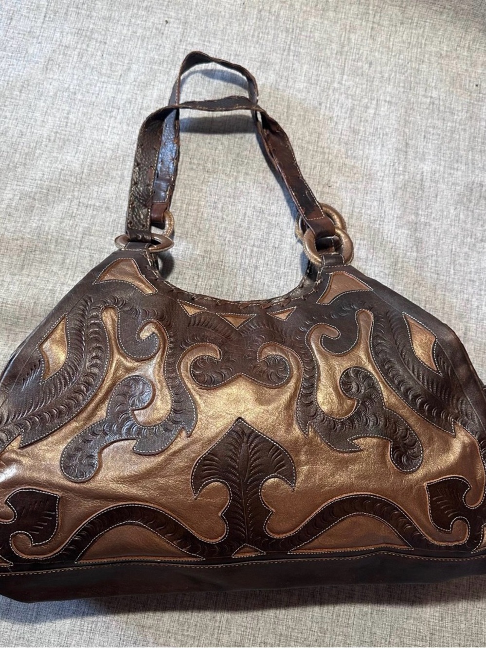 Metallic Brown Embroidered Leather Shoulder Bag